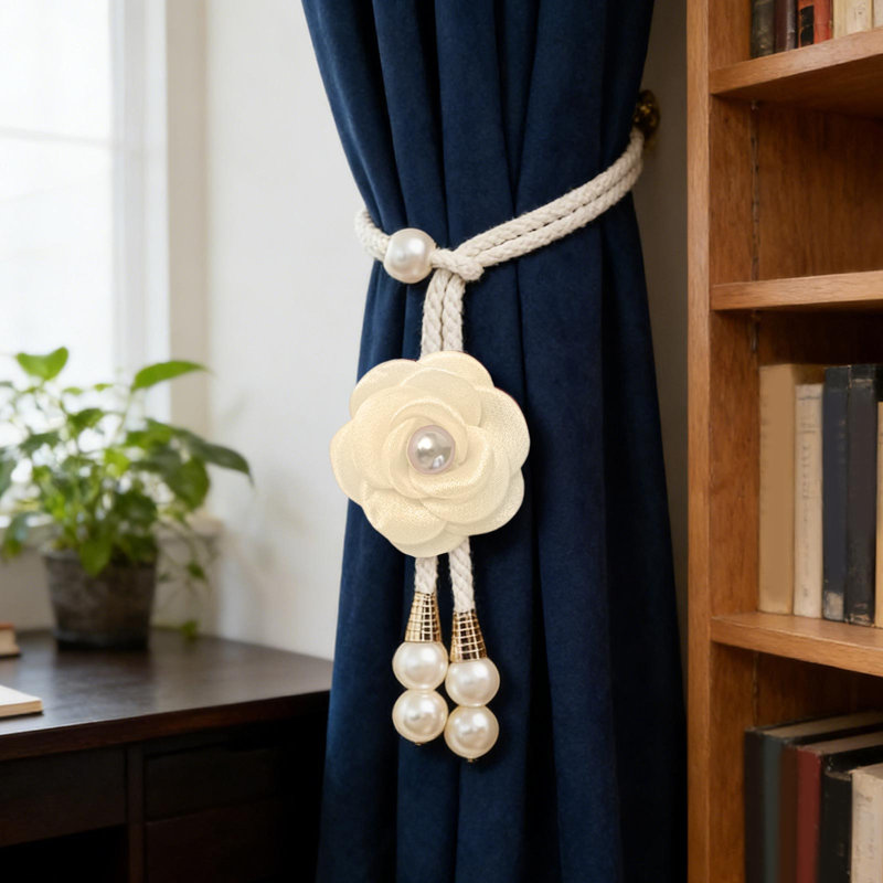 Kbndieu Camellia Curtain Tiebacks Curtain Accessories and Decor Sheer Curtain Pearl Tying Cord Modern Concise Adjustable Curtain Tiebacks