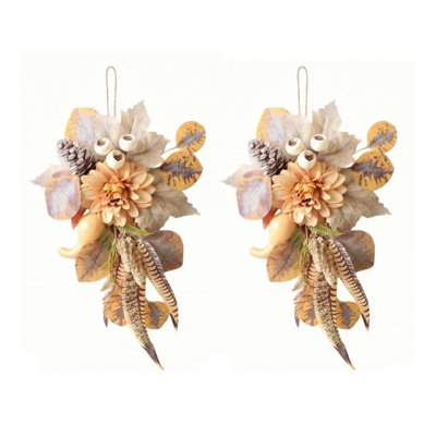 Set Of 2 Artificial Fall Door Swags With Maple Leaves, Dahlia And Pumpkins, Autumn Thanksgiving Wall Decor