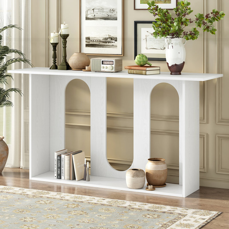 Modern and Curved Design Ash Veneer Console Table with Shelf, White