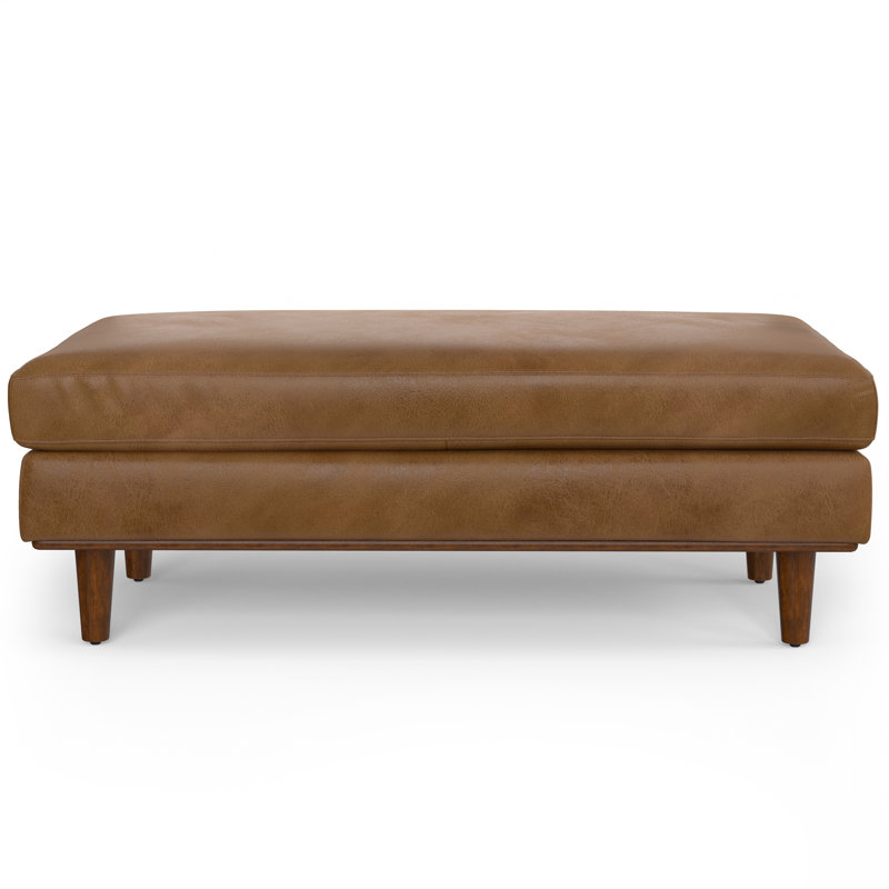 Morrison 49"W Large Upholstered Ottoman with Solid Wood Legs, Caramel Brown