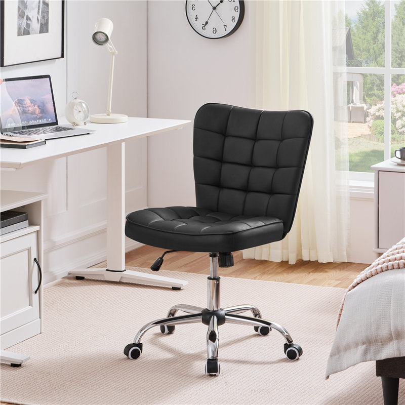 Modern Tufted Armless Leather Desk Chair, Black