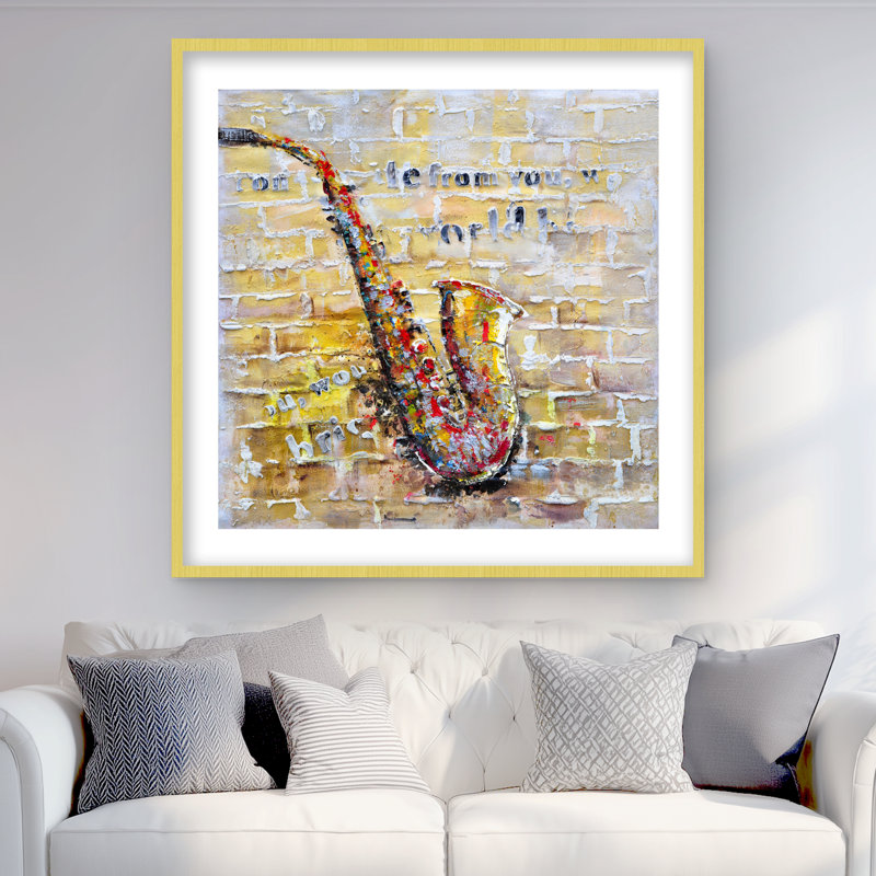 Saxophone sur mur de briques - reproduction encadrée moderne pour la décoration intérieure