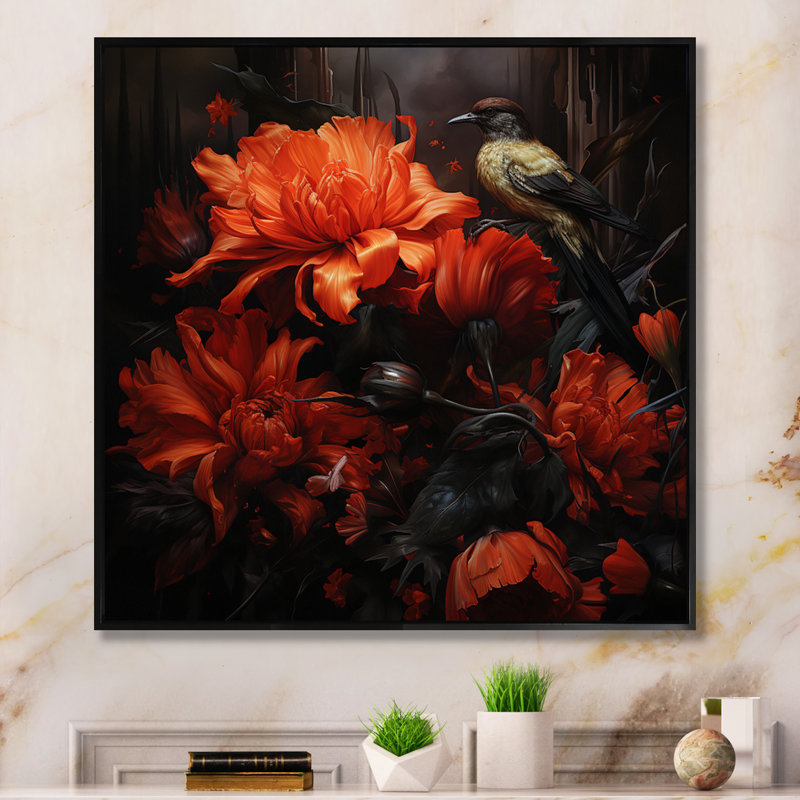 Bluejaybirds modernes sur fleur sur toile, H 36 po x l 36 po x P 1,5 po, Cadre flottant noir