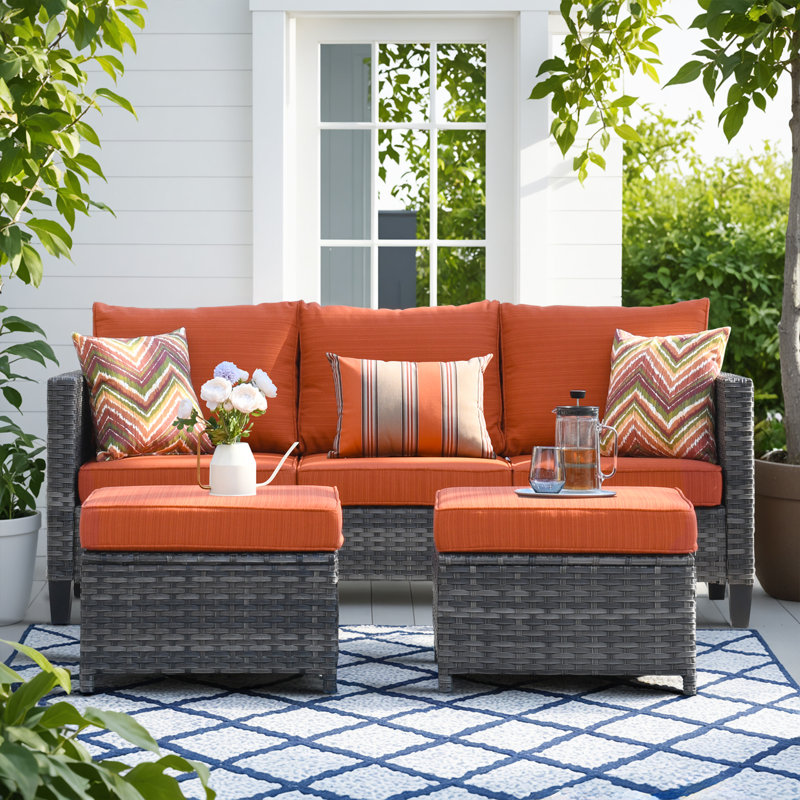 Ensemble de conversation pour 2 personnes en osier / rotin avec coussins Joette (ensemble de 2), Orange-rouge
