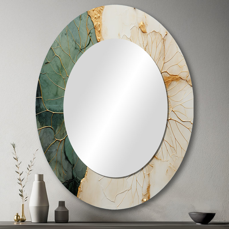 Green Gold Minimalism Poteries I - Large Oval Wall Mirror On Metal, 43" x 33"