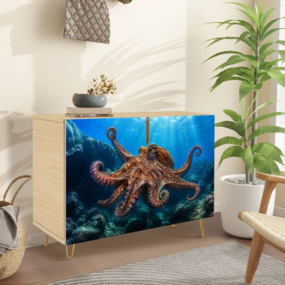Sideboard Buffet Cabinet with Storage Majestic Octopus Underwater Sunlight Coral Reef with 2 Doors for Living Room and Kitchen