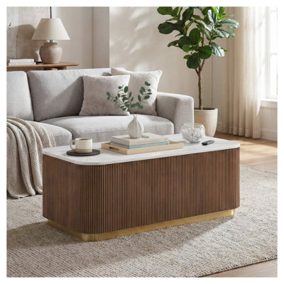 Table basse contemporaine avec plateau en marbre véritable et structure en acier inoxydable doré