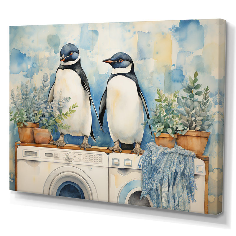 «White and Blue Penguins Laundry Room I» - Art mural, H 20 po x l 12 po x P 1 po
