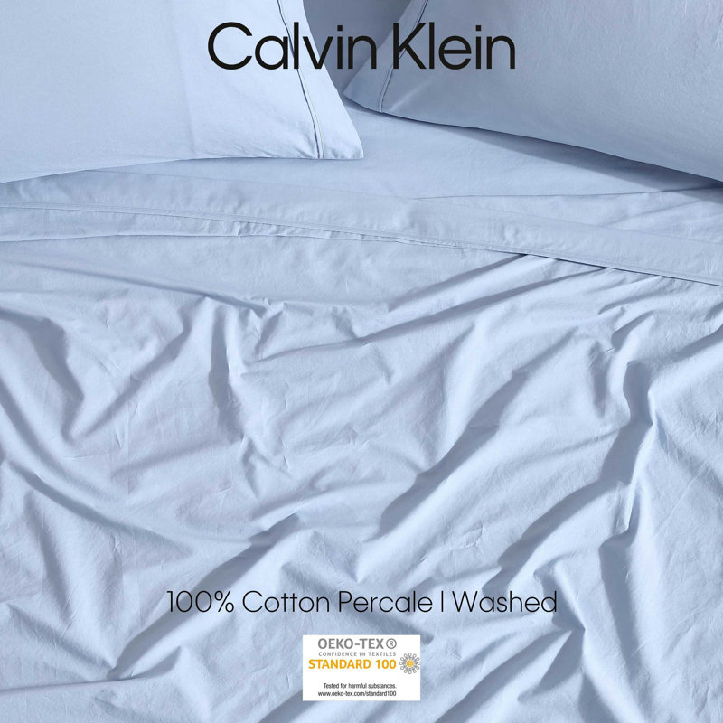 Calvin Klein Washed Cotton Percale Sheet Set, Blue, Full Sheet Set with 2 Pillowcases
