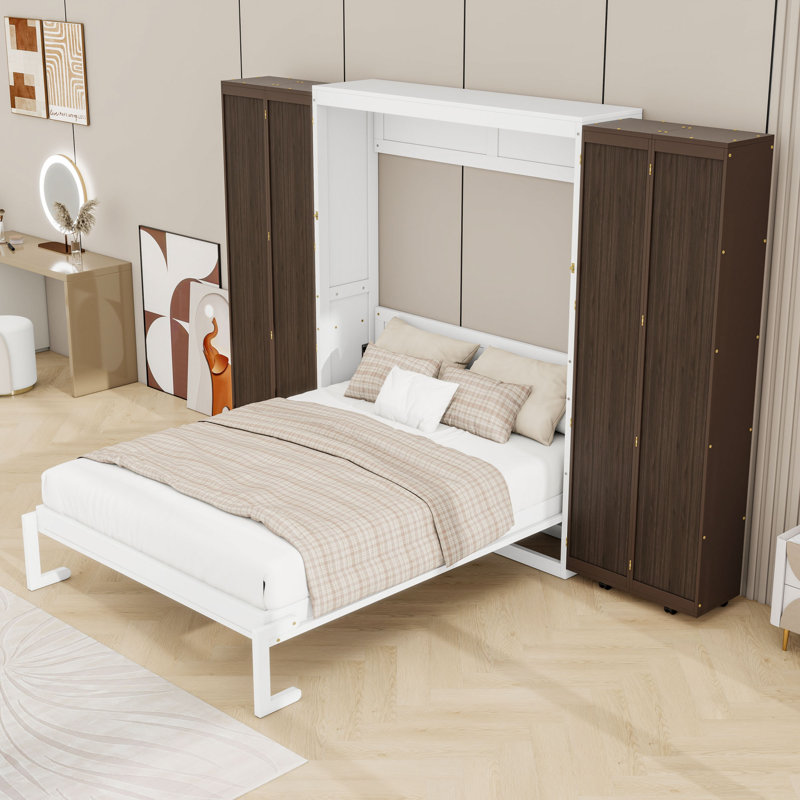 Grand lit escamotable en bois avec armoires pliables à pousser, Espresso