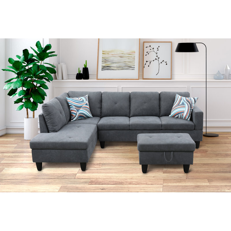 Stotfold Upholstered L-Shaped Sectional Right Hand Facing, Left Hand Facing, Stone Gray Velvet