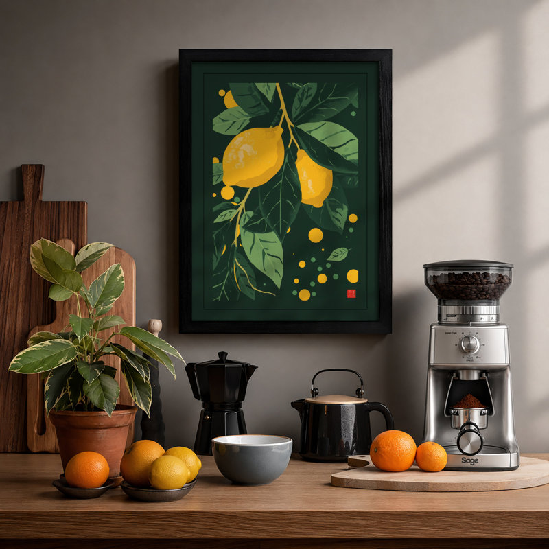 Lemons and Foliage Botanical - Framed Print, A1 - 84.1 x 59.4 cm, Black