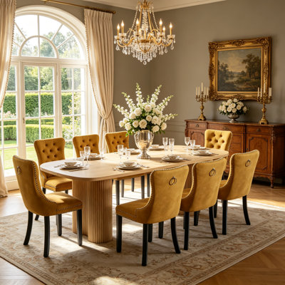 9-Piece Oval Extendable Dining Table Set for 8, 63"-95" Farmhouse Kitchen Table with Fluted Curve Base and 8 Velvet Tufted Chairs
