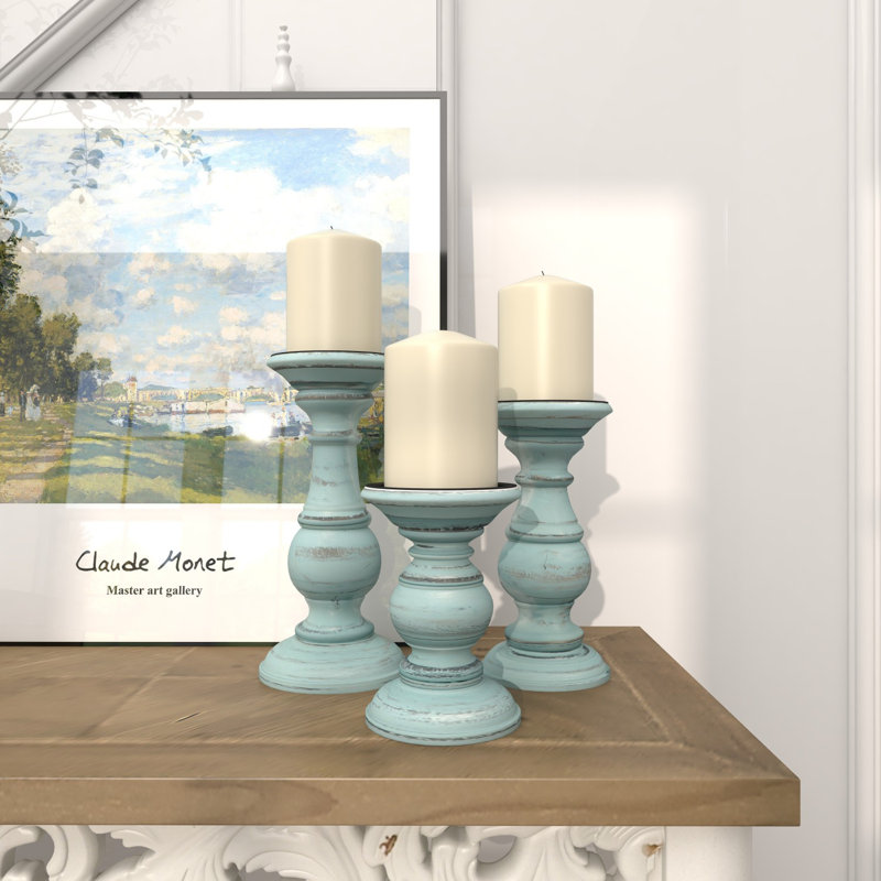 Mango Wood Turned Style Pillar Candle Holders, Light Blue