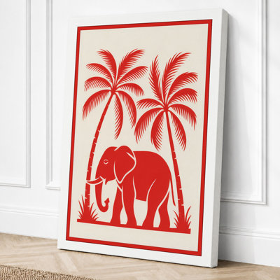 Red Elephant Under Palms Tropical 1 Piece Wrapped Canvas Wall Art