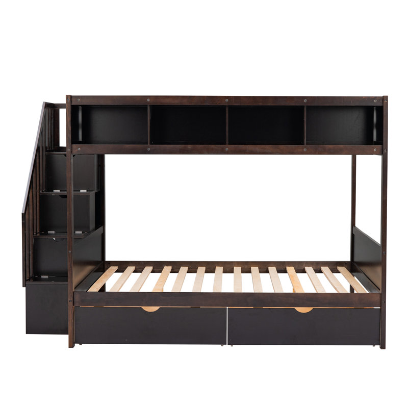 Lit simple superposé au dessus d'un lit double avec escalier de rangement, tablettes et 2 tiroirs, lit pour enfant en pin massif, espresso