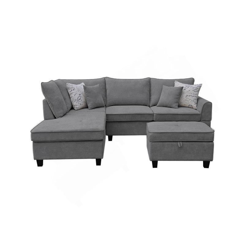 Canapé modulaire en tissu gris de 99 po avec méridienne et repose-pieds de rangement Gabriella