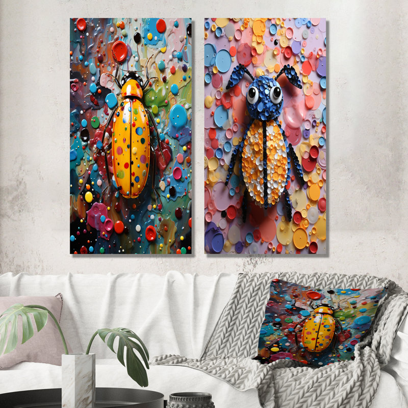 Insectes et insectes multicolores colorés - ensemble de 2 impressions murales en métal, H 32 po x l 32 po