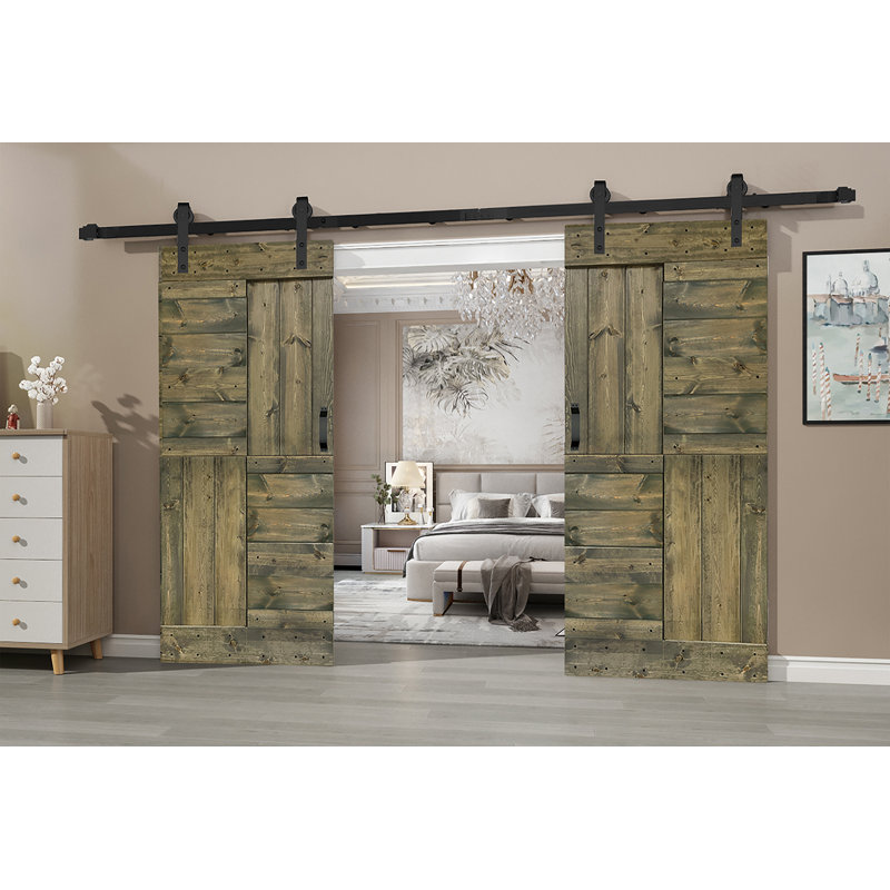 Porte de grange coulissante double en bois massif avec trousse de quincaillerie brevetée S Series - assemblage requis