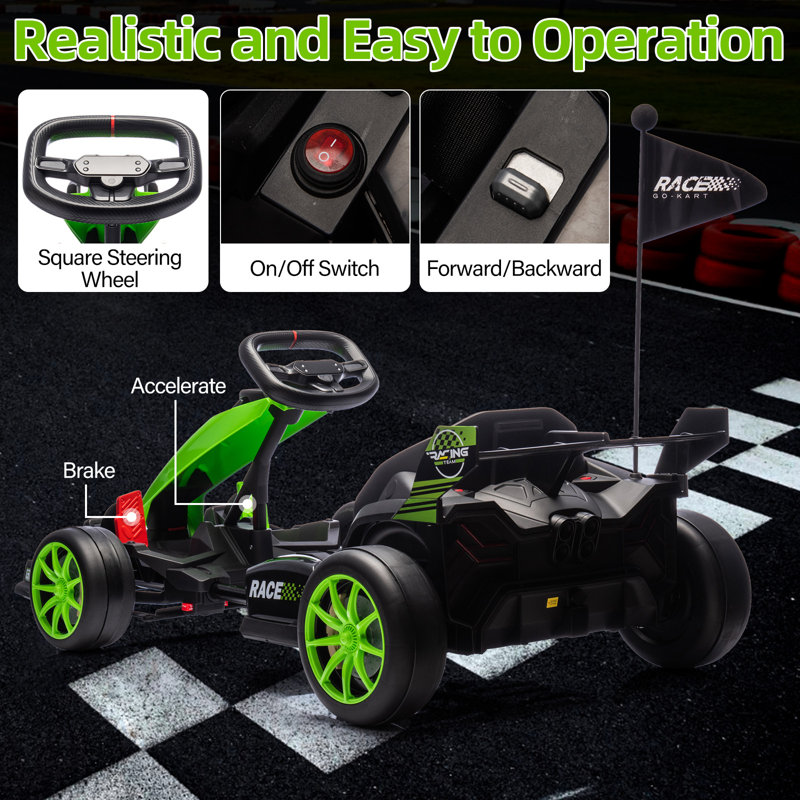 Kart électrique 24 V pour enfants de 3 à 8 ans avec moteur double 200 W, Vert