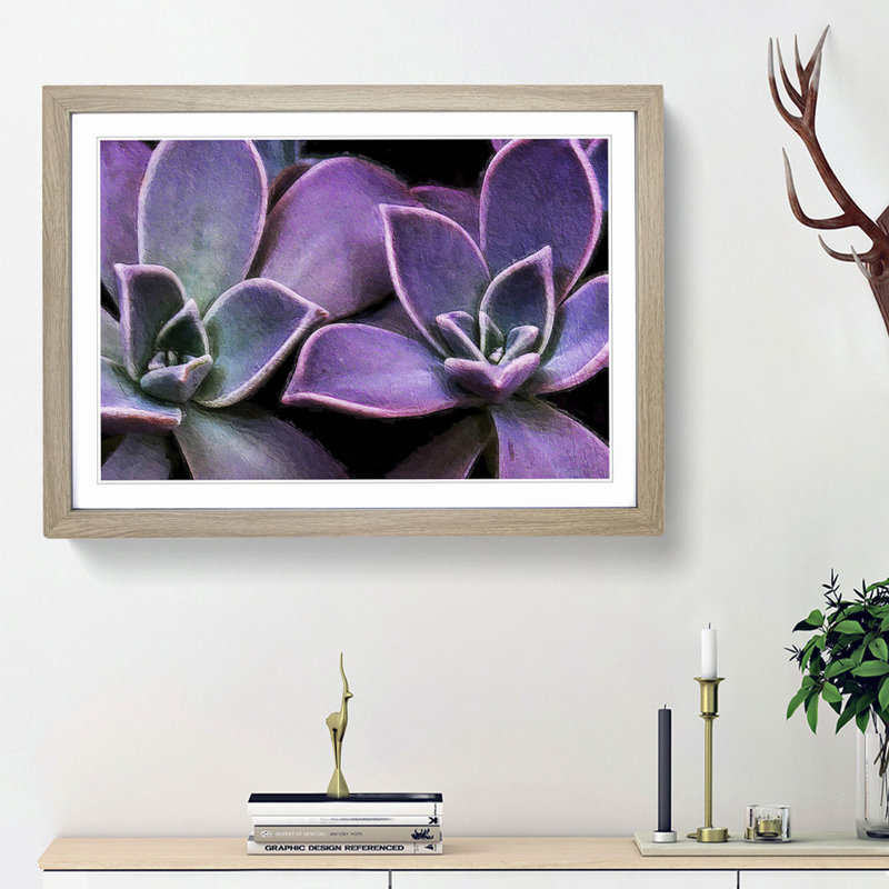 Lilac & Green Succulent Plant - Picture Frame Painting Print, 48cm H x 65cm W x 2cm D, Oak Framed