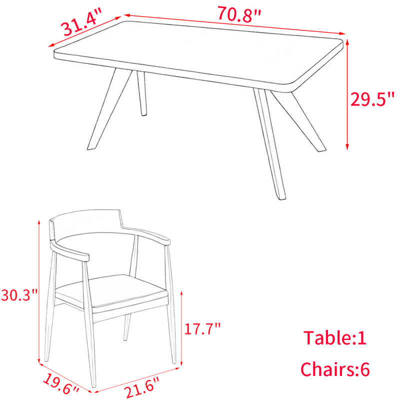 European style solid wood dining table set., 29.5"H x 31.4"L x 70.8"W