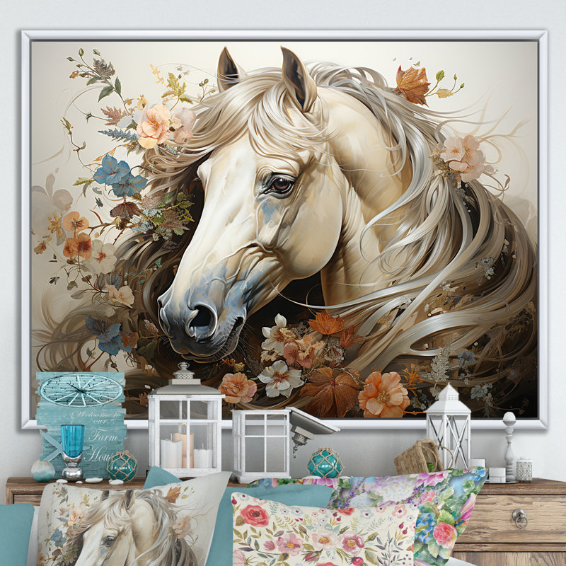«Blooming Horse symbolism I» - art mural cheval, H 24 po x l 32 po x P 1 po, Cadre flottant blanc
