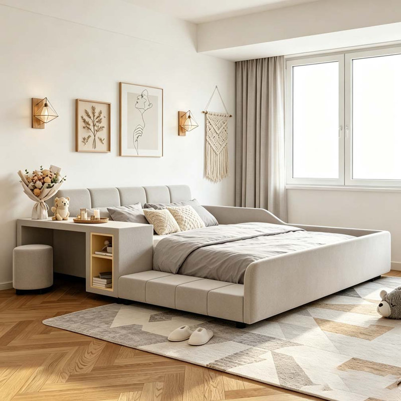 Upholstered Grounded Bed, Mother & Child Bed with Bedside Desk and Little Round Stool, Velvet, Beige, Queen