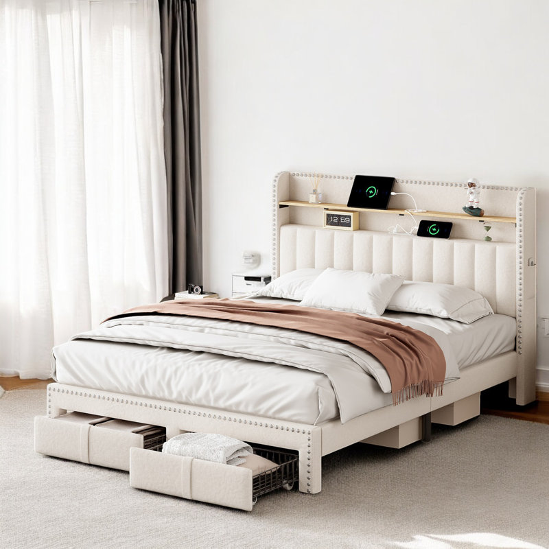 Caida Upholstered Storage Bed, Beige