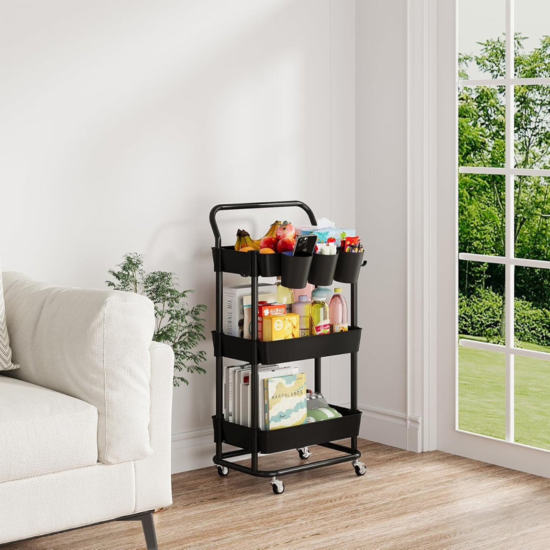 Chariot utilitaire roulant à 3 niveaux avec panier suspendu et roues verrouillables, chariot de rangement polyvalent pour le bureau, la cuisine, la salle de bain, la salle de lavage et le garage