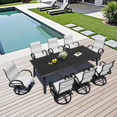 8 - Person Aluminum Outdoor Dining Dining Set With Sunbrella Swivel Rocking Dining Armchairs