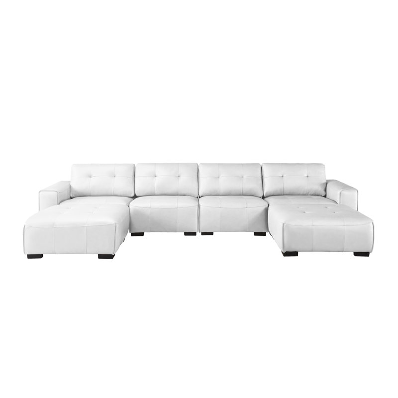Upholstered Leather 6-piece U Sectional Reversible Chaise Ottomans, White Faux Leather