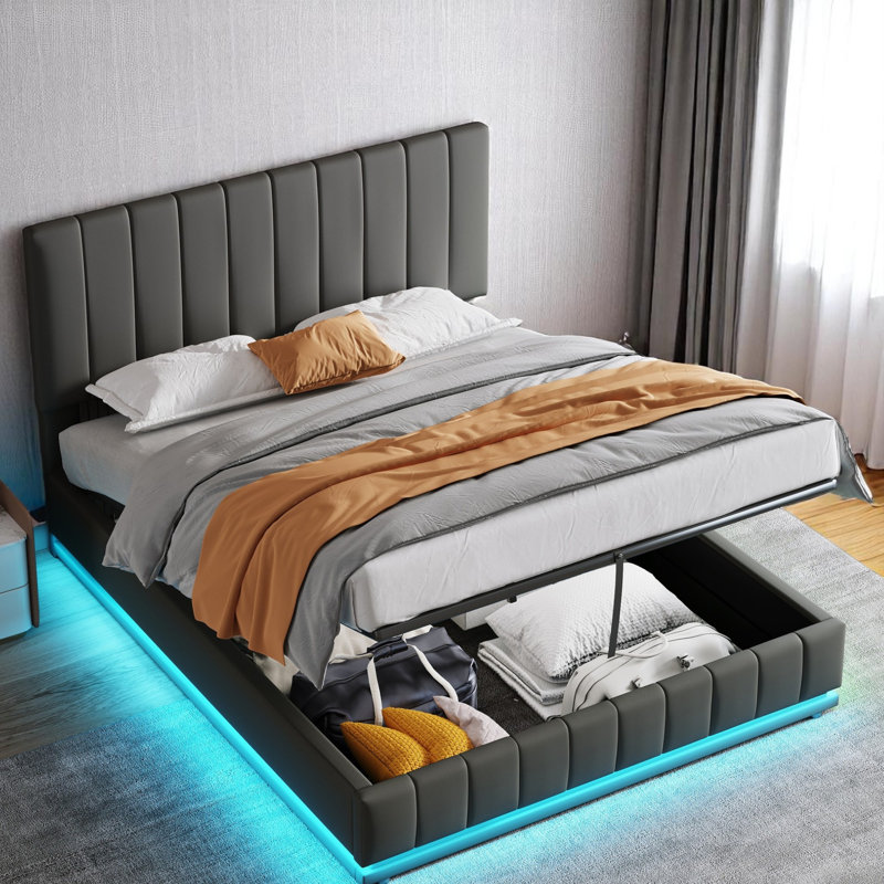 PU Leather Upholstered Bed Ottoman Bed With LED Lighting, Hydraulic Storage 4Ft6 Double Bed Frame With Adjustable Channel Tufted Headboard