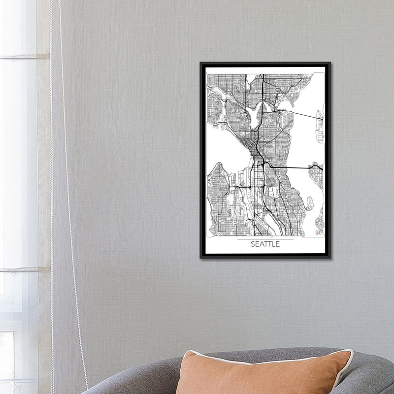 «Seattle Minimal Urban Blueprint Map», impression sur toile, H 60 po x l 40 po x P 1,5 po, Toile encadrée noire, Pas de tapis