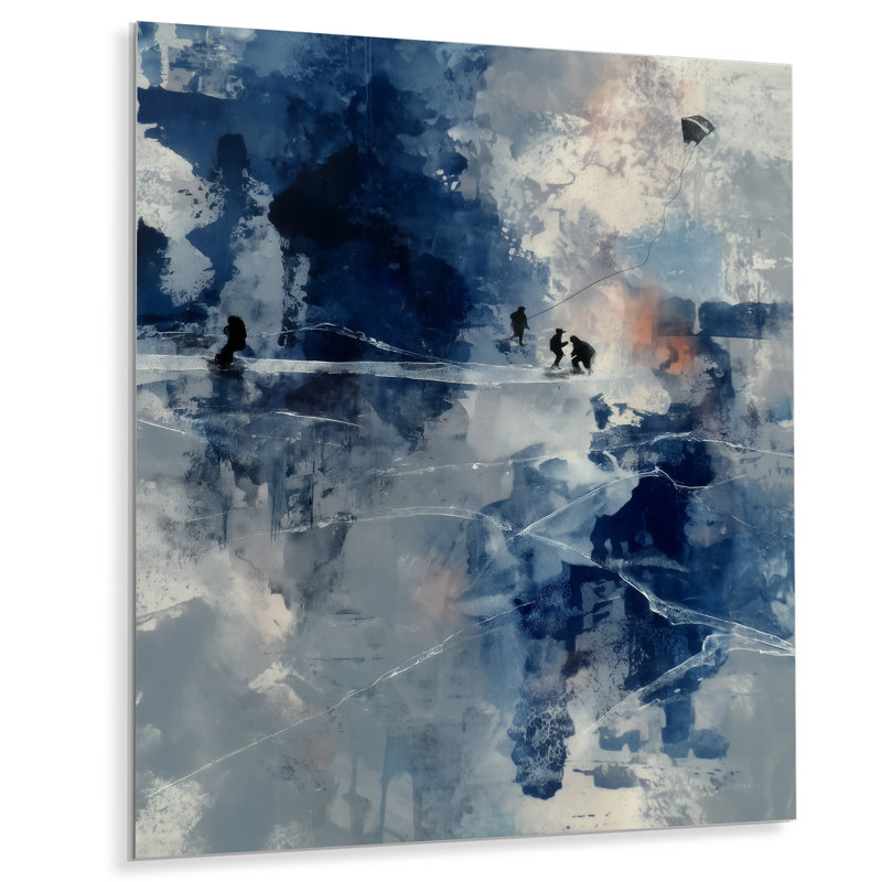 Bleu bleu blanc robustes gardiens décorés de gris - peinture abstraite décorative en métal, L 24 po x H 32 po