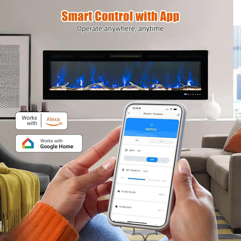 60" Wall-Mounted Smart Electric Fireplace with WiFi, 1500W Heater, 3D Flame & Alexa Control, Adjustable Flame & Light Modes