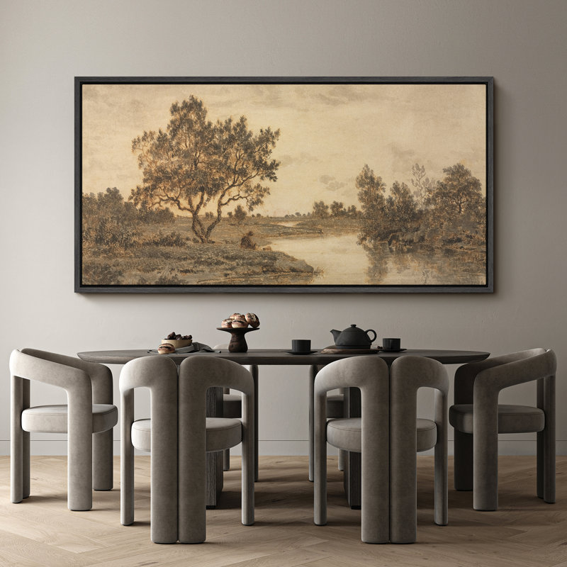 «Misty Riverbank Solitaire Tree», reproduction encadrée, H 30 po x l 60 po, Noir