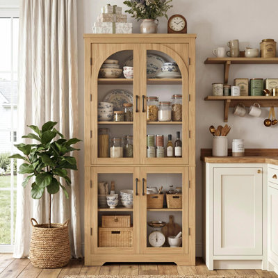 70" Kitchen Pantry Storage Cabinet - Modern Display Pantry Storage with 4 Arched Glass Doors and Adjustable Shelves, Versatile Cupboard Organizers for Kitchen, Dining Room, Living Room, Natural