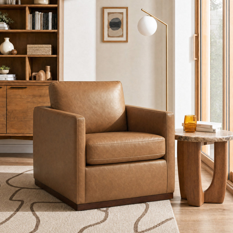 Assiatou Wide Swivel Arm Chair, Saddle Brown Pebbled Faux Leather