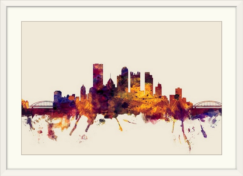 «Pittsburgh Pennsylvania Skyline» par Francy, impression, Cadre blanc, H 24 po x l 32 po x P 1 po