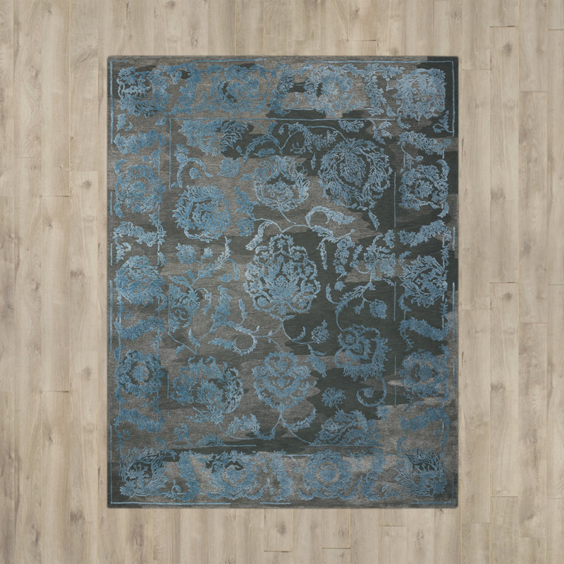 Tapis oriental gris anthracite / bleu en laine touffeté à la main Lennear, Rectangle 9 pi 9 po x 13 pi 9 po