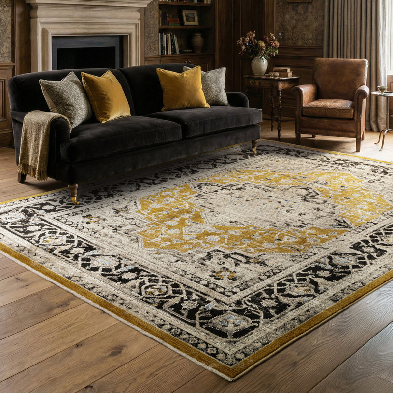 Bernell Persian Medallion Black/Gold Area Rug, Rectangle 240 x 330cm