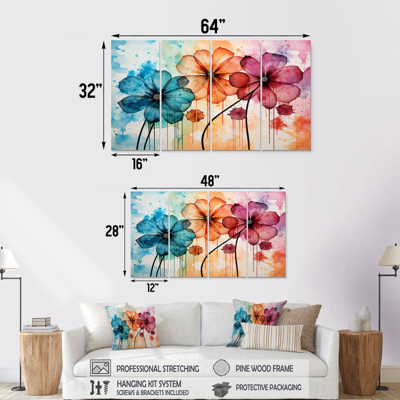 Aquarelle fleurs sauvages Wander Meadow - fleurs sauvages, ensemble d'art mural 4 pièces, H 32 po x l 64 po