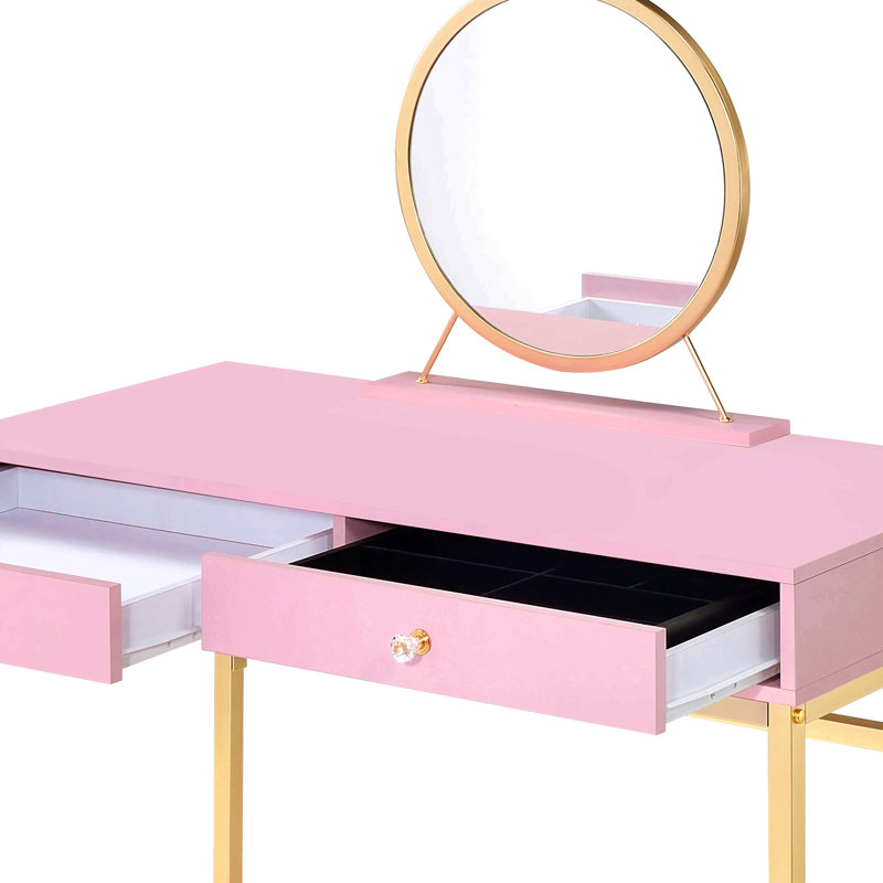 Bureau de coiffeuse à finition dorée avec miroir et plateau à bijoux