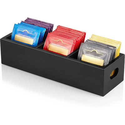 3 Slot Black Wooden Tea Bag Caddy Countertop Tea & Sugar Packet Storage Organizer