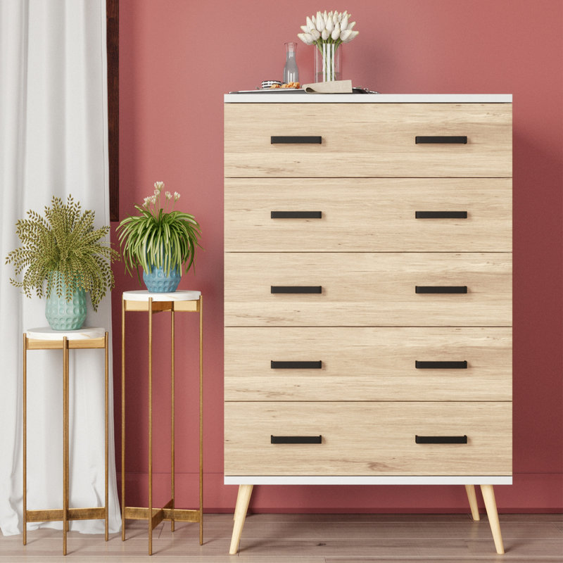 Classic 5 Drawer Chest, White/Natural Oak