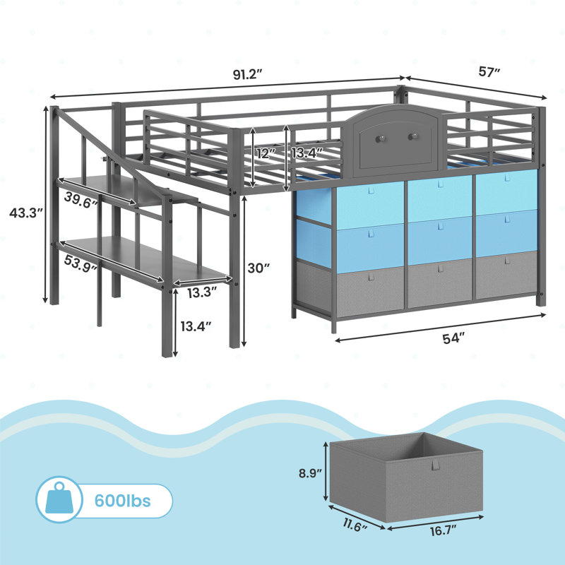 Low Loft Bed with 9 Drawers, Full Size Metal Loft Bed with LED Lights & Under-Bed Hideaway Space, Gray, Full, Gray