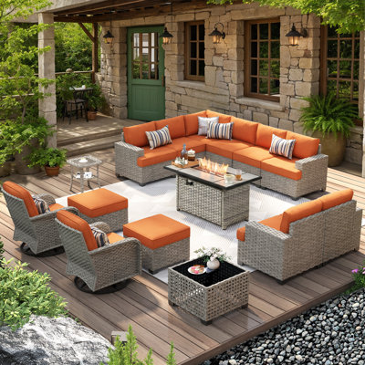 12 - Person Patio Furniture Set with Swivel Rockers, Outdoor Wicker Rattan Sectional Seating Group with Cushions, All Weather Sofa Conversation Set with Fire Pit Table for Garden Backyard