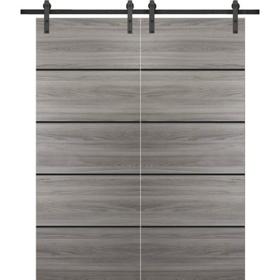 Porte de grange double robuste avec quincaillerie Planum 0015 Ginger Ash, supports de rail de 13 pi, portes intérieures modernes à panneaux pleins - 36 po x 80 po (2 x 18 x 80 po) - Rail argenté