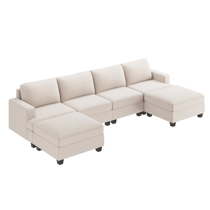 Canapé modulaire en U avec rangement Anureet, Velours côtelé beige, H 35 po x l 120,6 po x P 60,7 po, Non